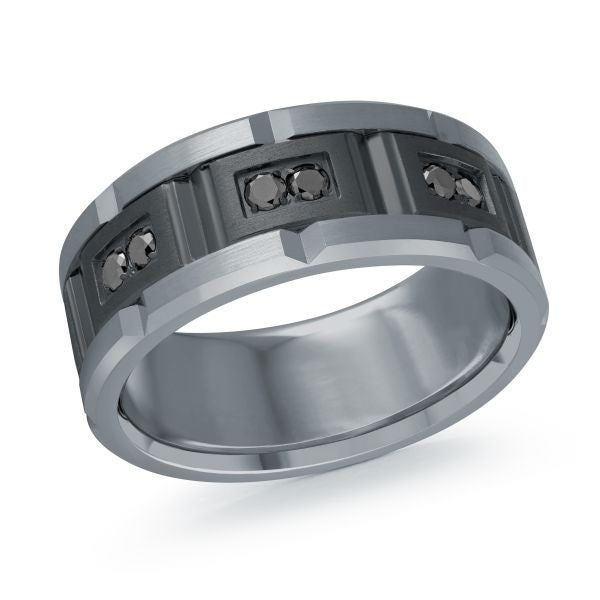 Titanium wedding band with a black carbon fiber inlay and diamond accents on a white background.