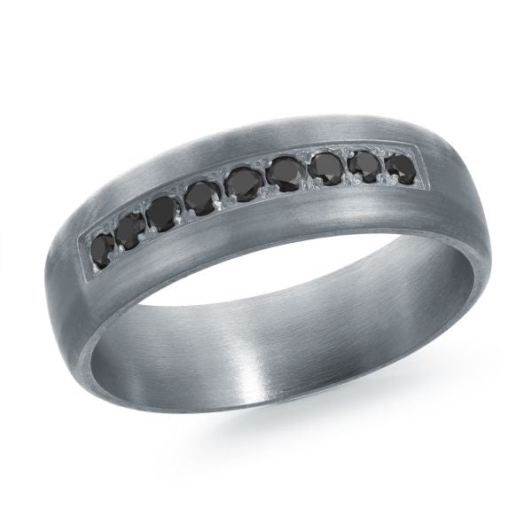 Titanium wedding band with a black carbon fiber inlay and black diamond accents on a white background.