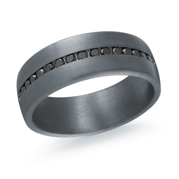 Titanium wedding band with a black carbon fiber inlay and black diamond accents on a white background.