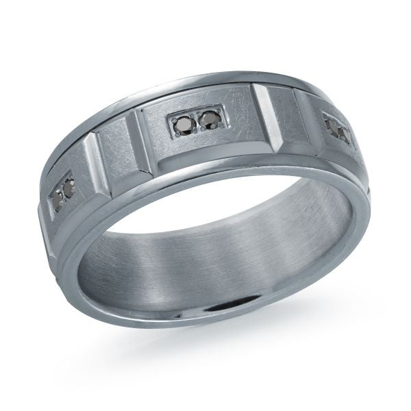 Titanium wedding band with a black carbon fiber inlay and black diamond accents on a white background.