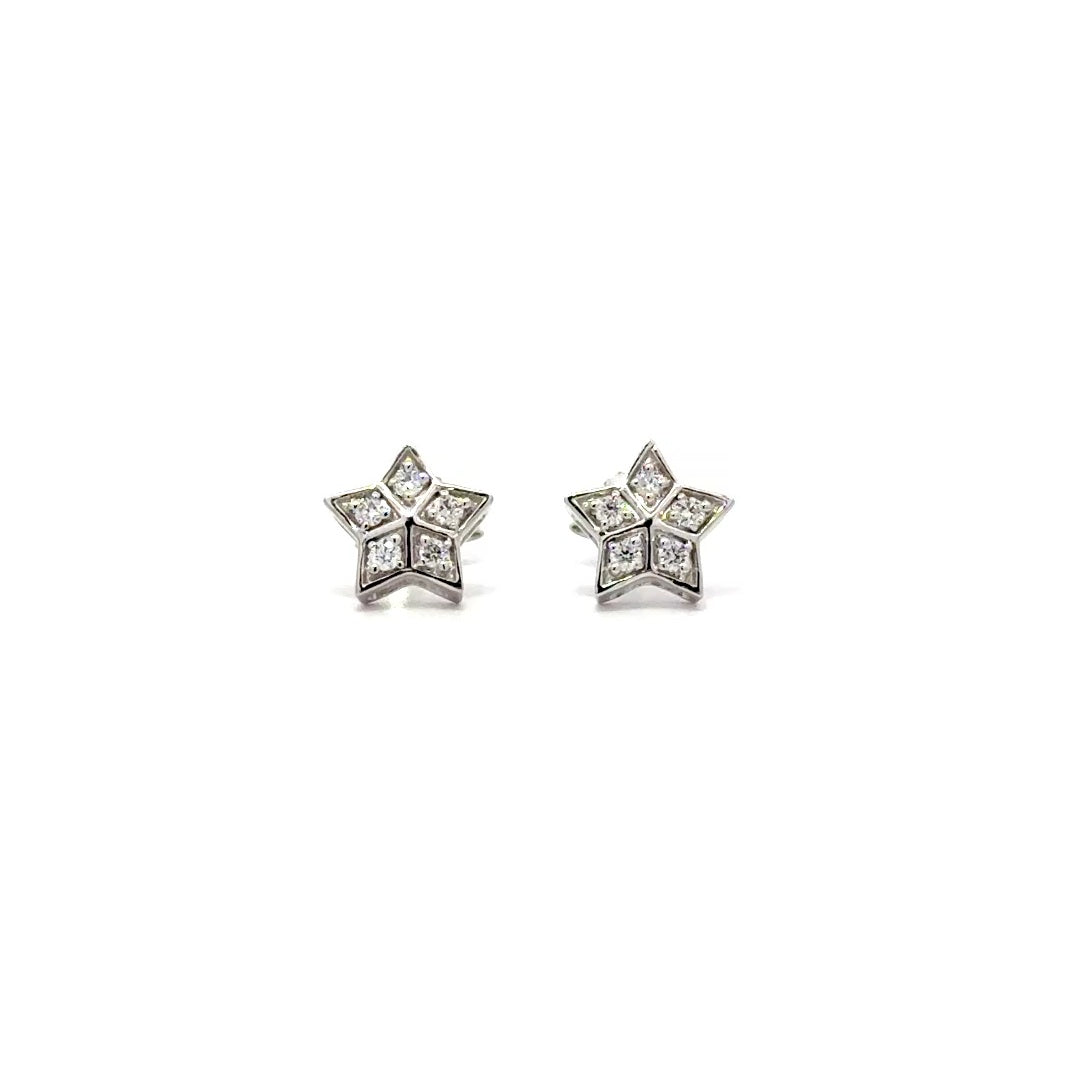 Silver diamond stud earrings on a white background.