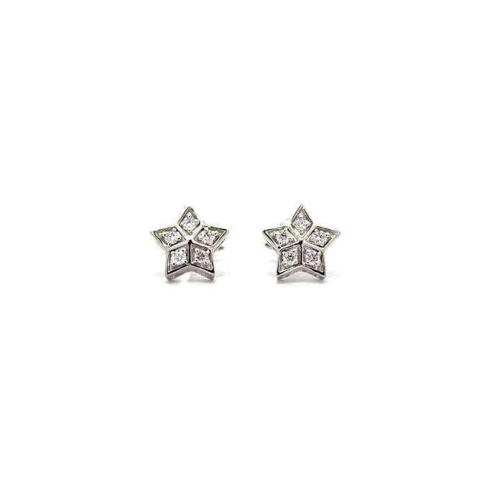 Silver diamond stud earrings on a white background.