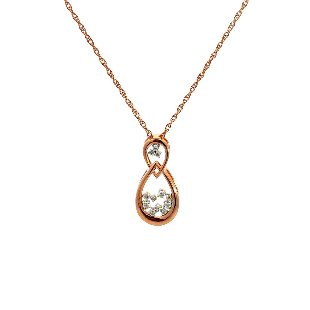 Rose gold infinity necklace with diamonds on a white background