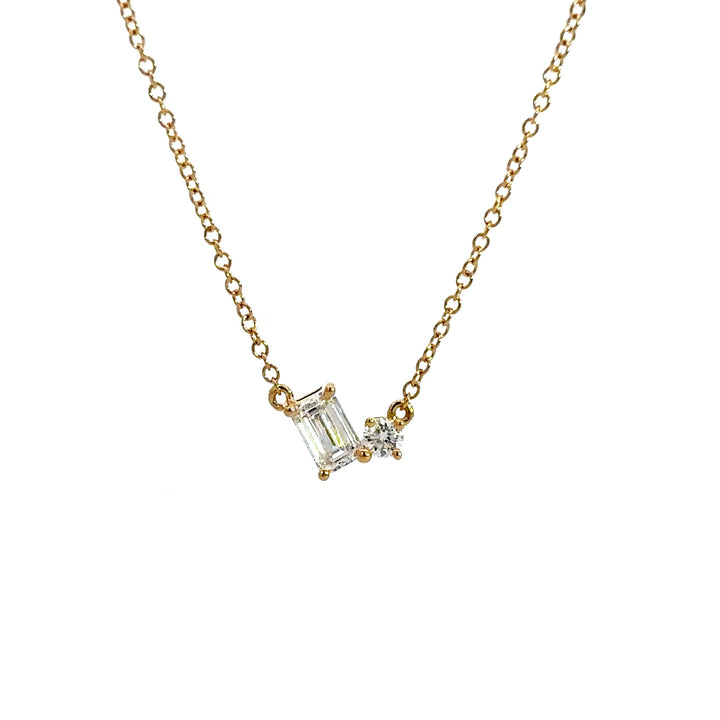 Flourishan Two Stone Necklace (Emerald & Round) - 18k Yellow Gold #12901