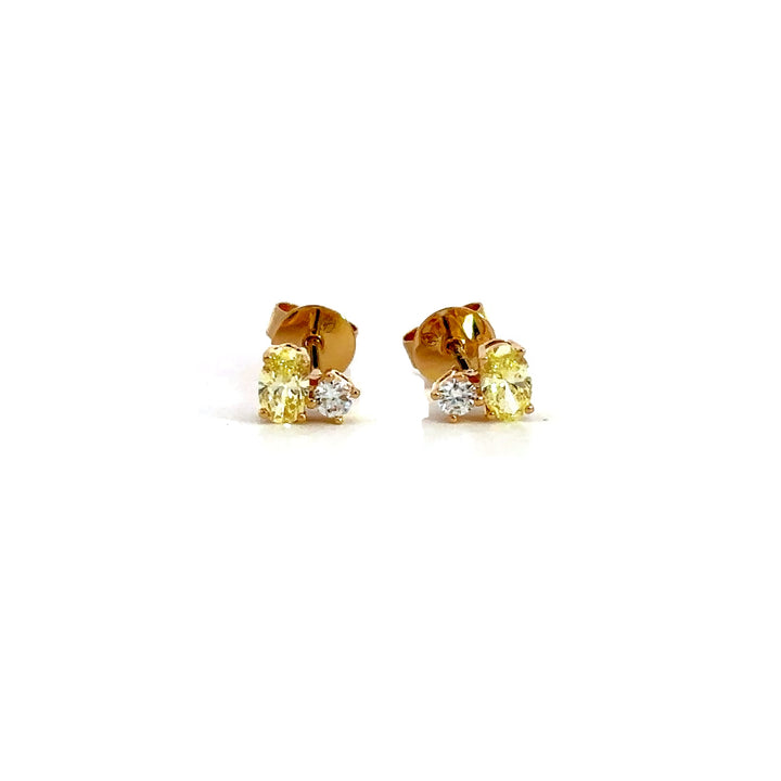Flourishan Two Stone Stud Earrings (Oval & Round) - 18k Yellow Gold #12912