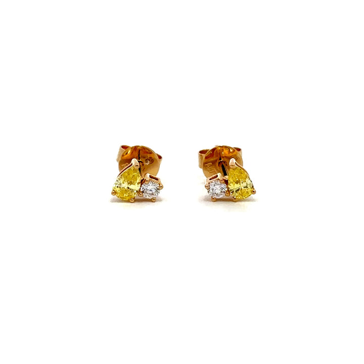 Flourishan Two Stone Stud Earrings (Pear & Round) - 18k Yellow Gold #12916