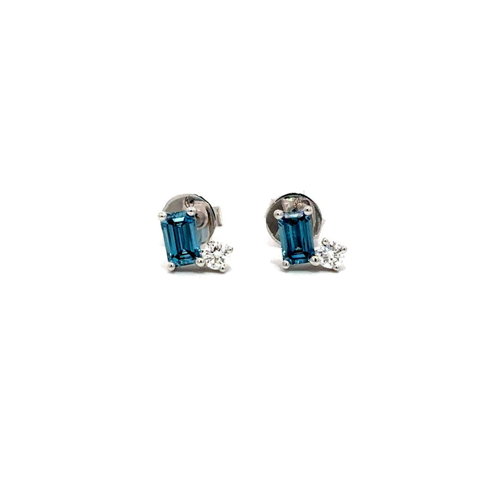 Flourishan Two Stone Stud Earrings (Emerald & Round) - 18k White Gold #12928