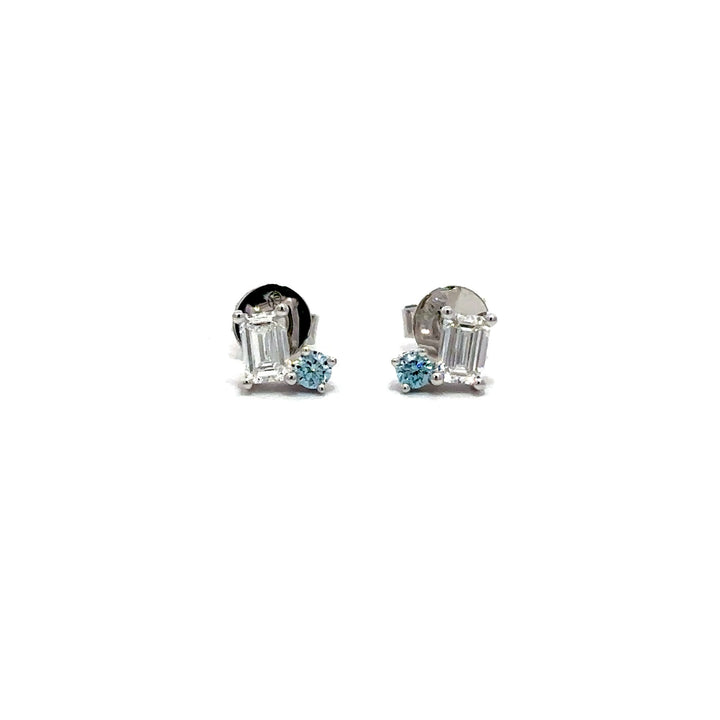 Flourishan Two Stone Stud Earrings (Emerald & Round) - 18k White Gold #12929