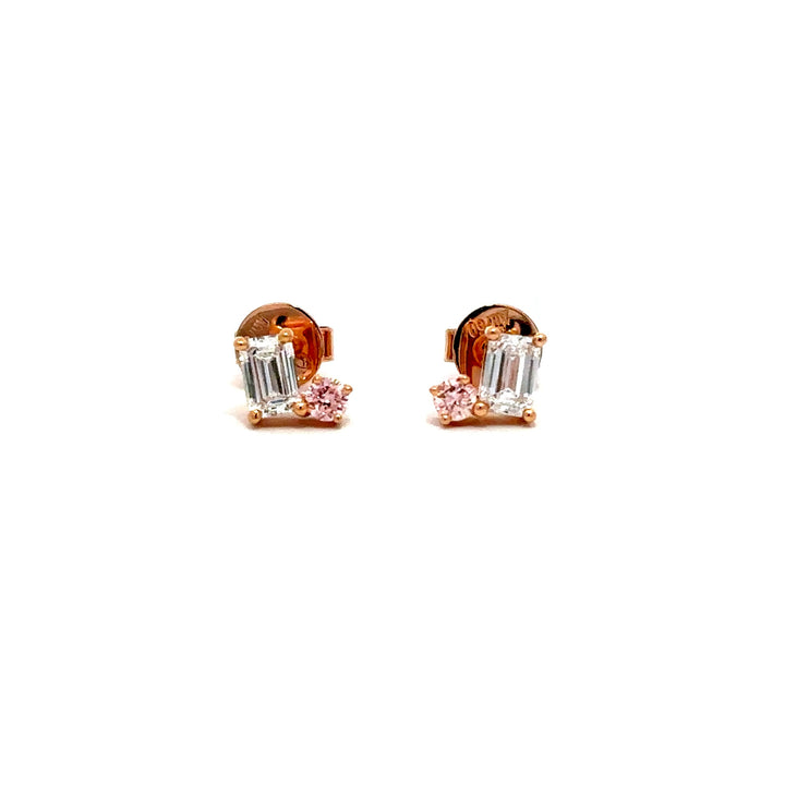 Flourishan Two Stone Stud Earrings (Emerald & Round) - 18k Rose Gold #12941