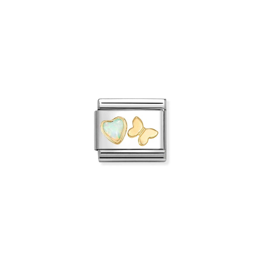 Composable Charm Link - "White Opal Heart with Butterfly" in Stainless Steel & 18k Yellow Gold #13295