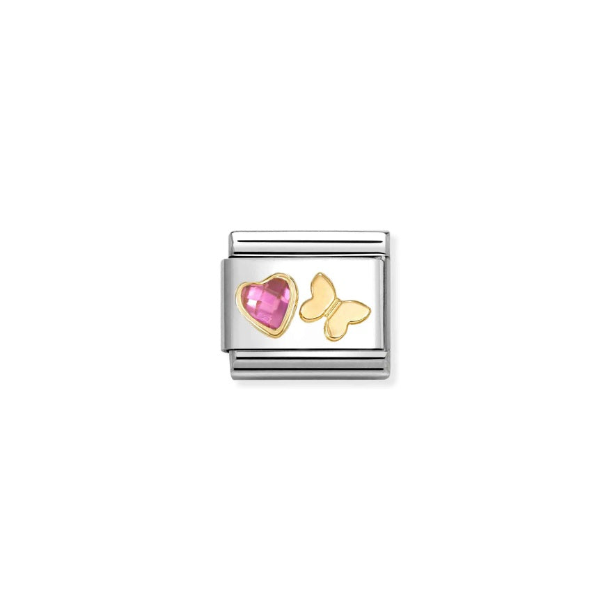Composable Charm Link - "Pink CZ Heart with Butterfly" in Stainless Steel & 18k Yellow Gold #13296