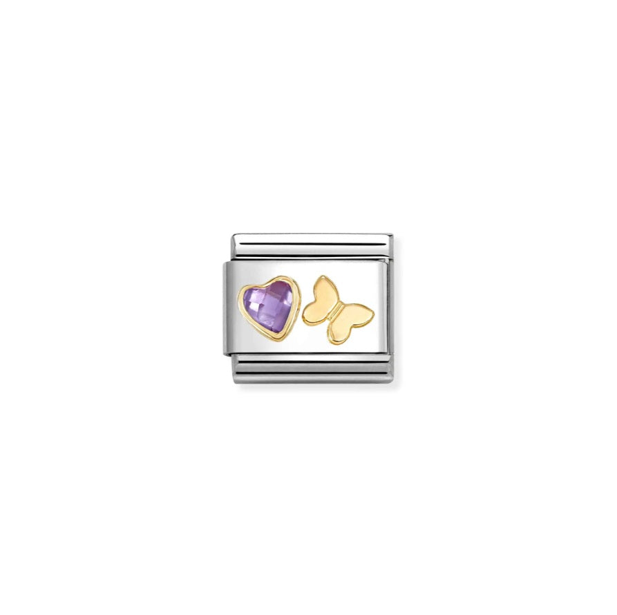 Composable Charm Link - "Purple CZ Heart with Butterfly" in Stainless Steel & 18k Yellow Gold #13296