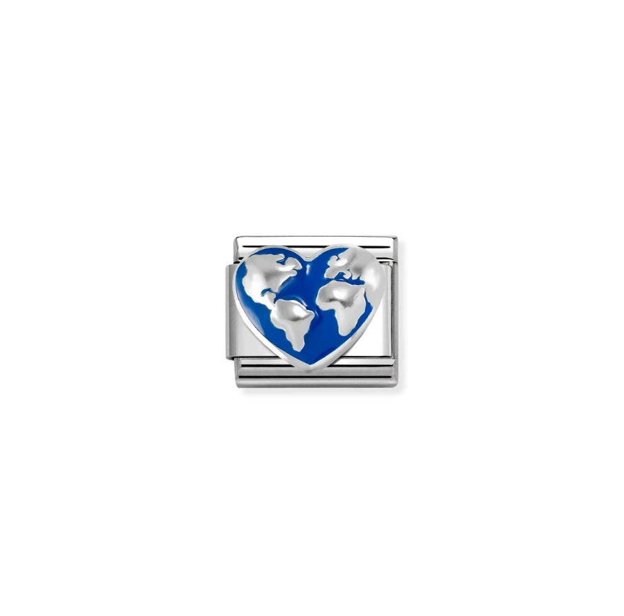 Composable Charm Link - "World Map on Heart" in Stainless Steel with oxidized Sterling Silver #13297