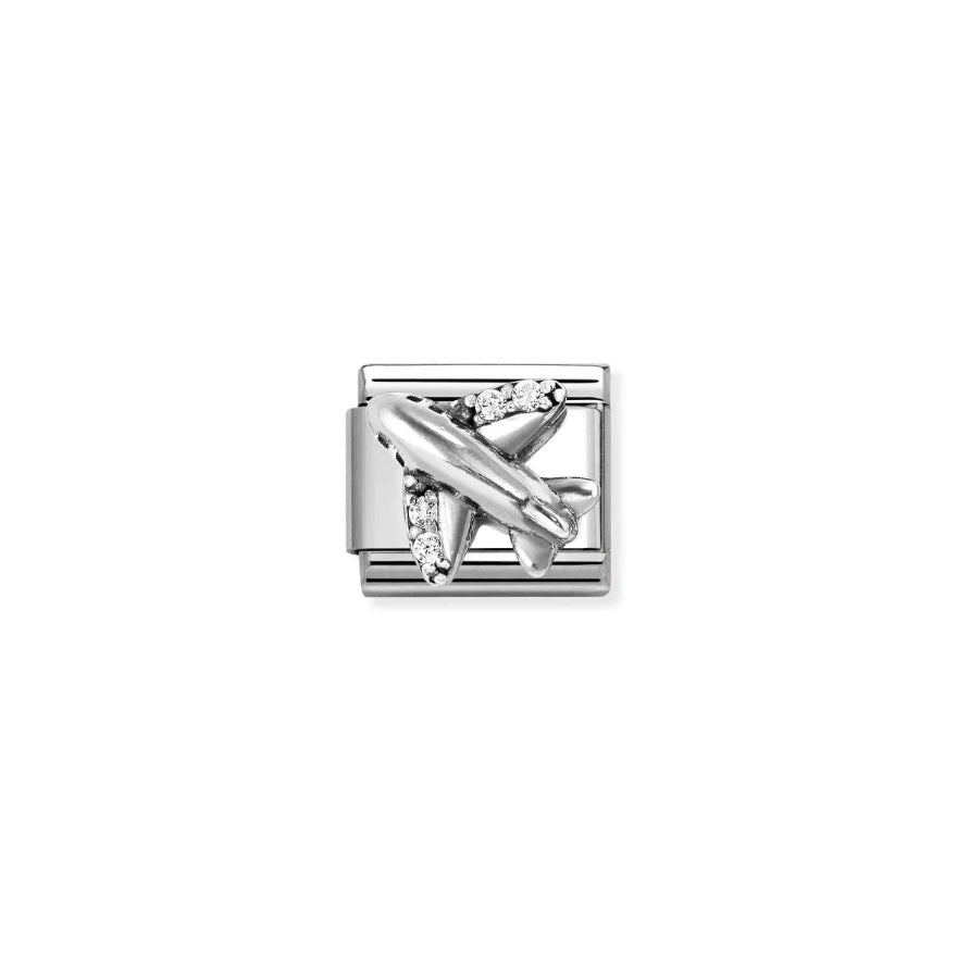 Composable Charm Link - "'Airplane with CZ" in Stainless Steel with oxidized Sterling Silver #13300