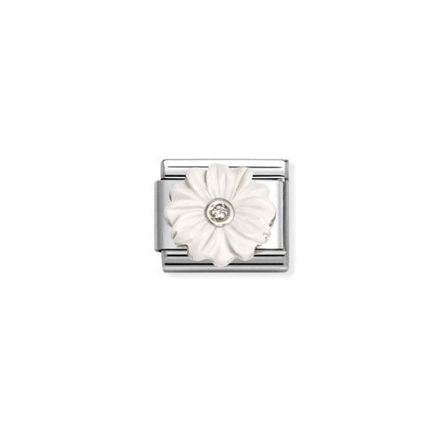 Composable Charm Link - "White Flower" in Stainless Steel with White Resin and Cubic Zirconia #13453