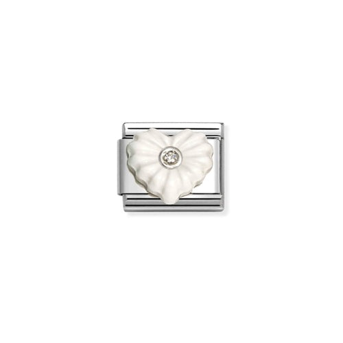 Composable Charm Link - "White Heart" in Stainless Steel with White Resin and Cubic Zirconia #13454