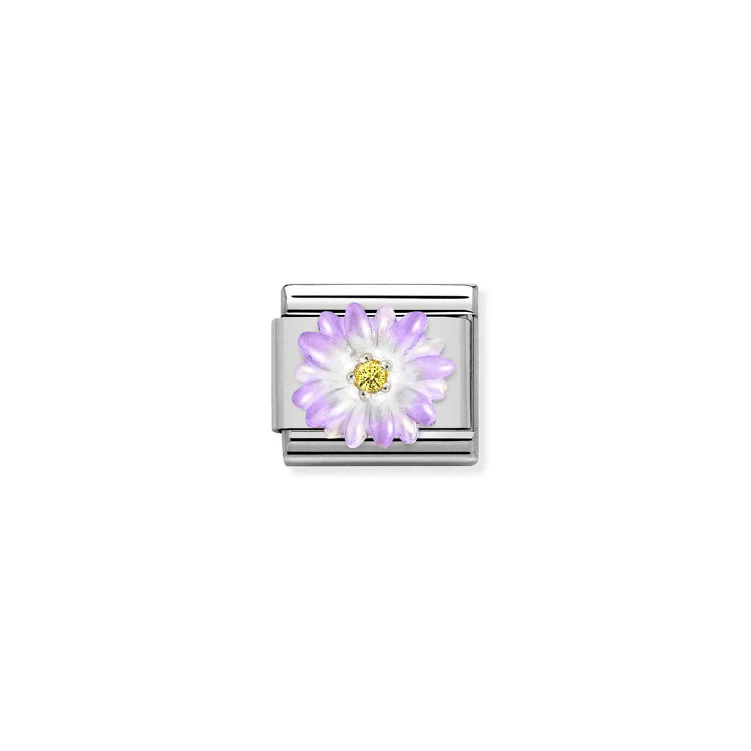 Composable Charm Link - "Violet Flower with Yellow CZ" in Stainless Steel with Cubic Zirconia #13066