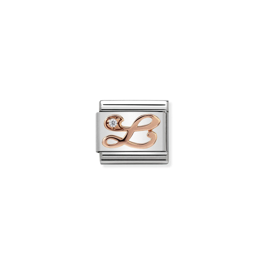 Composable Charm Link - Letters in Stainless Steel with 9k Rose Gold and Cubic Zirconia