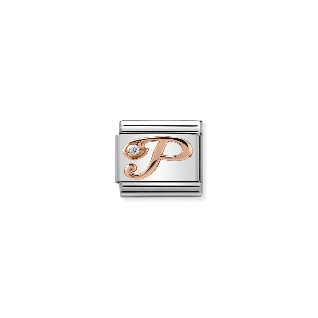 Composable Charm Link - Letters in Stainless Steel with 9k Rose Gold and Cubic Zirconia