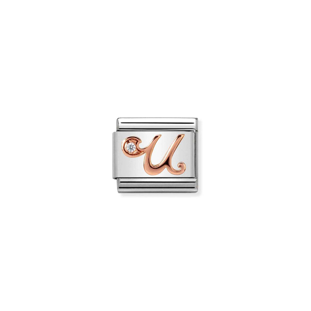 Composable Charm Link - Letters in Stainless Steel with 9k Rose Gold and Cubic Zirconia