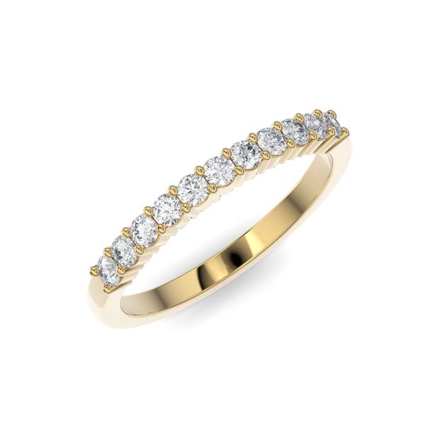 Gold  wedding band with diamond accent on a white background.