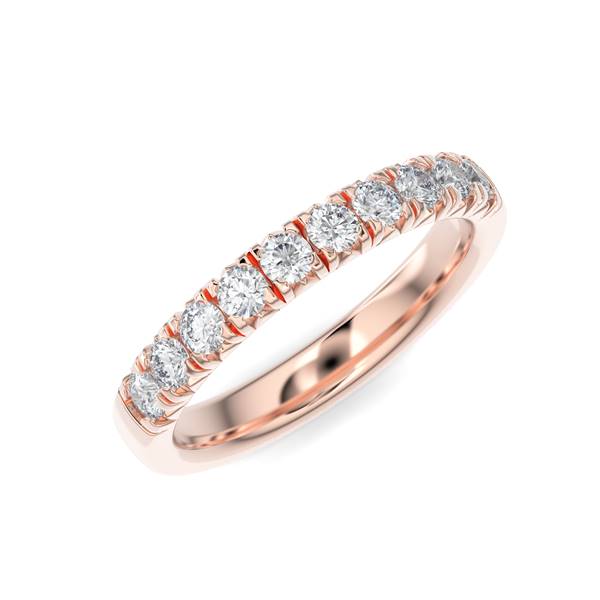 Rose gold wedding band with diamond accent on a white background.