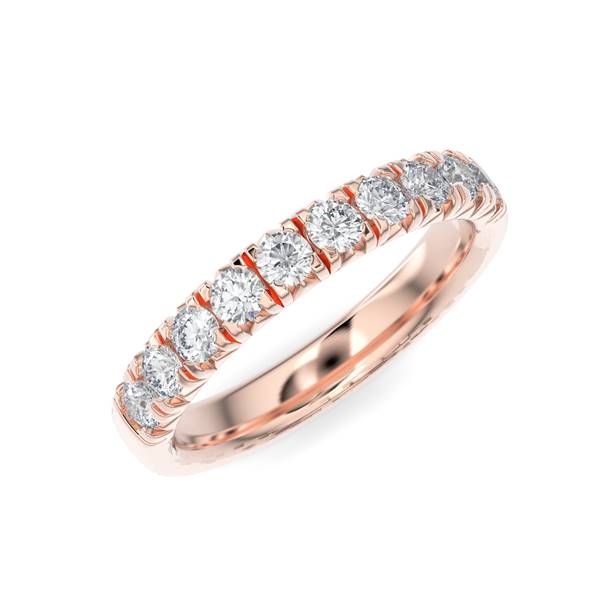 Rose gold wedding band with diamond accent on a white background.