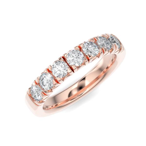 Rose gold wedding band with diamond accent on a white background.