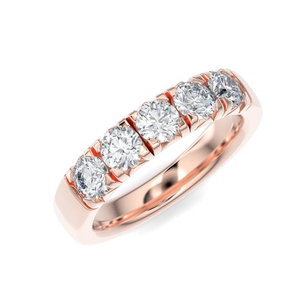 Rose gold wedding band with diamond accent on a white background.