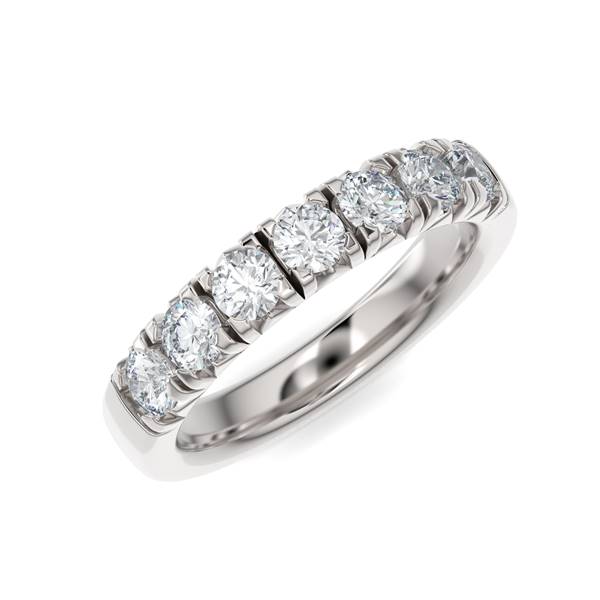 White gold wedding band with diamond accents on a white background.