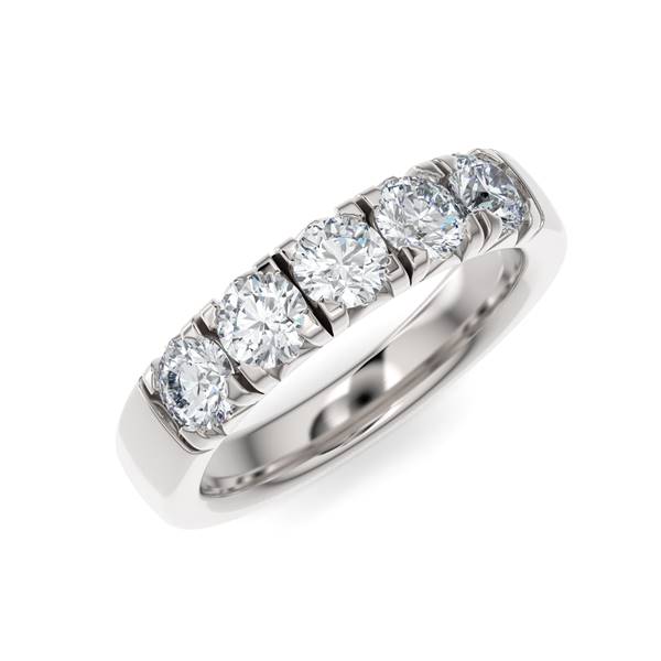 White gold wedding band with diamond accents on a white background.