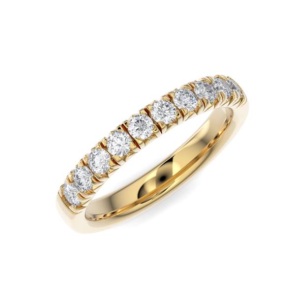 Yellow gold wedding band with diamond accent on a white background.