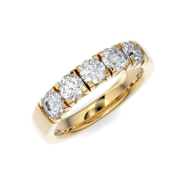 Yellow gold wedding band with diamond accent on a white background.