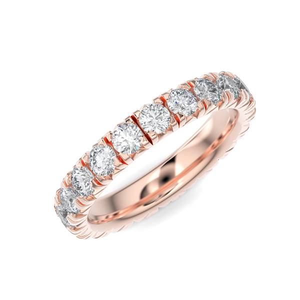 Rose gold wedding band with diamond accents on a white background.