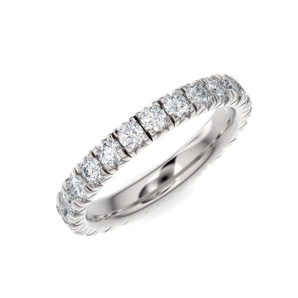 White gold wedding band with diamond accents on a white background.