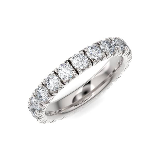 White gold wedding band with diamond accents on a white background.