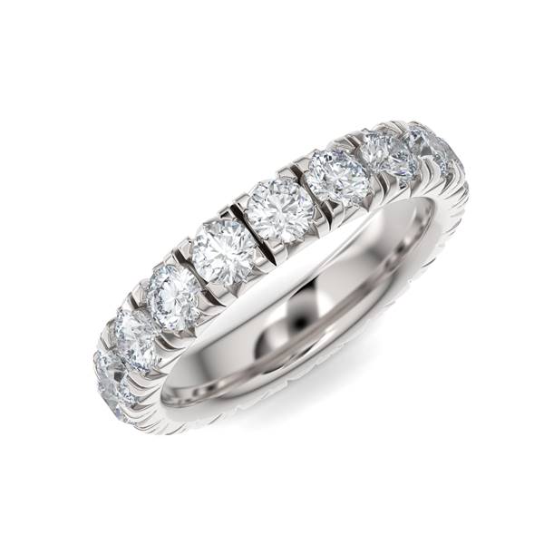 White gold wedding band with diamond accents on a white background.