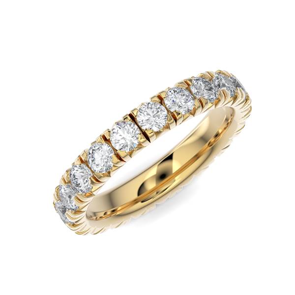 Yellow gold wedding band with diamond accents on a white background.