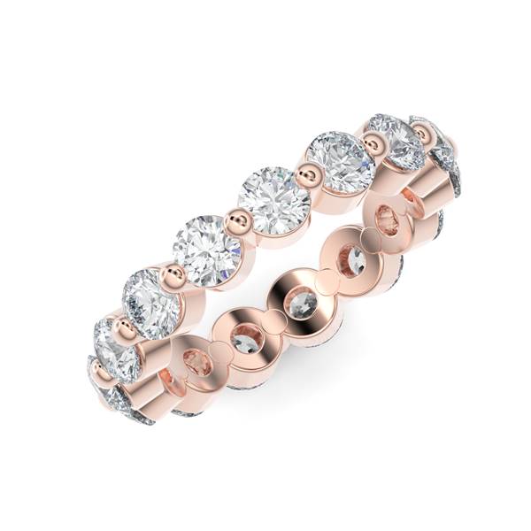 Rose gold wedding band with diamond accents on a white background.