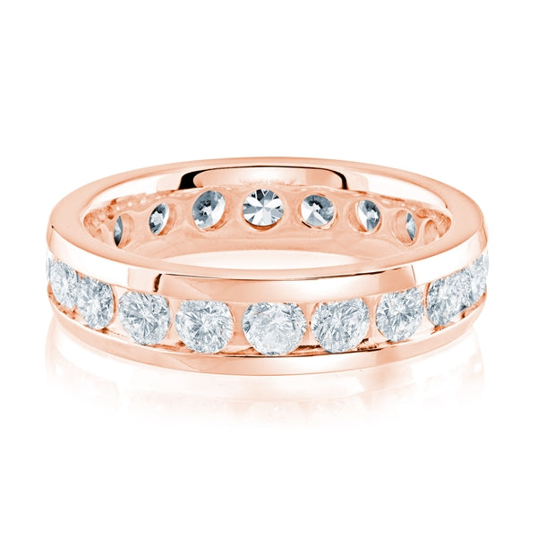 Rose gold wedding band with diamond accents on a white background.