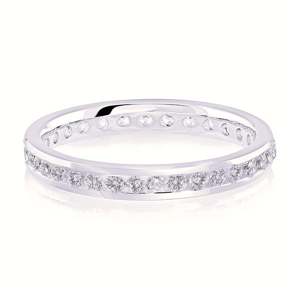 Silver wedding band with diamond accent on a white background.