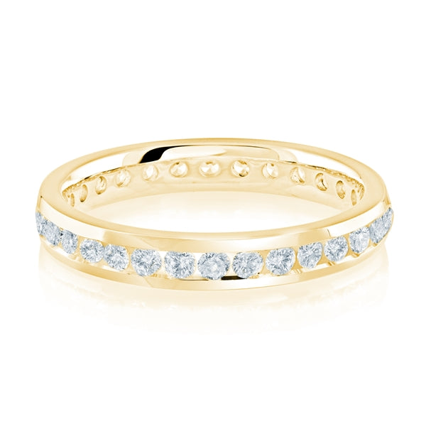 Yellow gold wedding band with diamond accents on a white background.