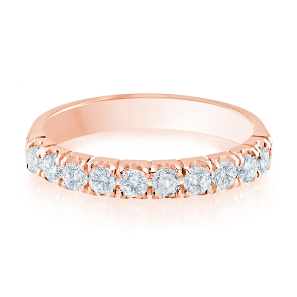 Rose gold wedding band with diamond accents on a white background.