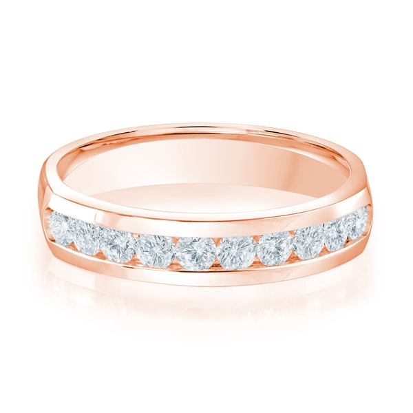 Rose gold wedding band with diamond accents on a white background.