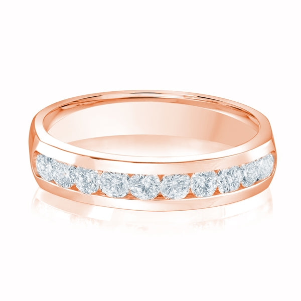 Rose gold wedding band with diamond accents on a white background.