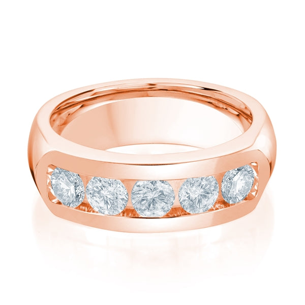 Rose gold wedding band with diamond accents on a white background.