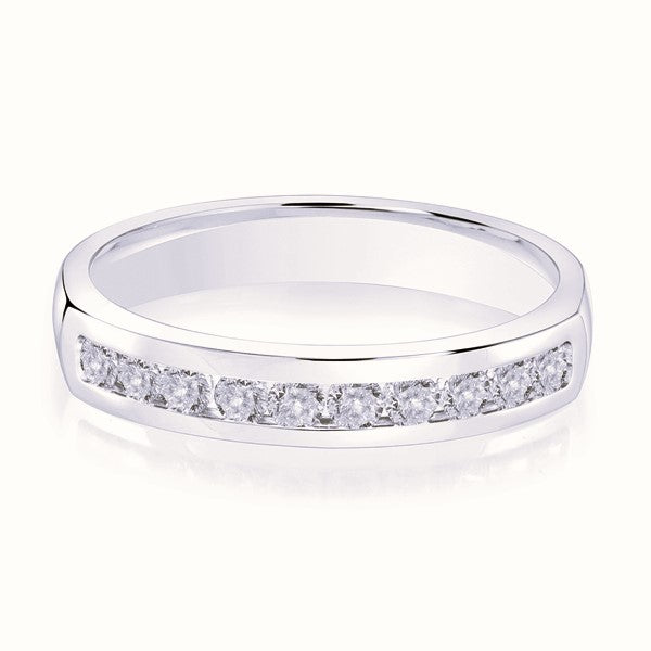 White gold wedding band with diamond accents on a white background.