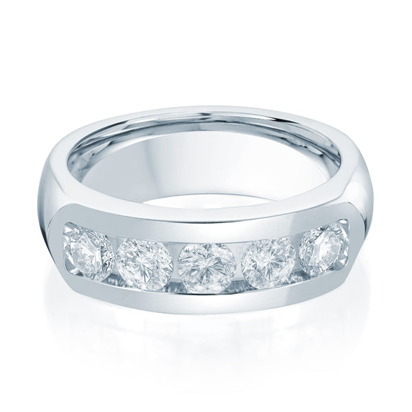 White gold wedding band with diamond accents on a white background.