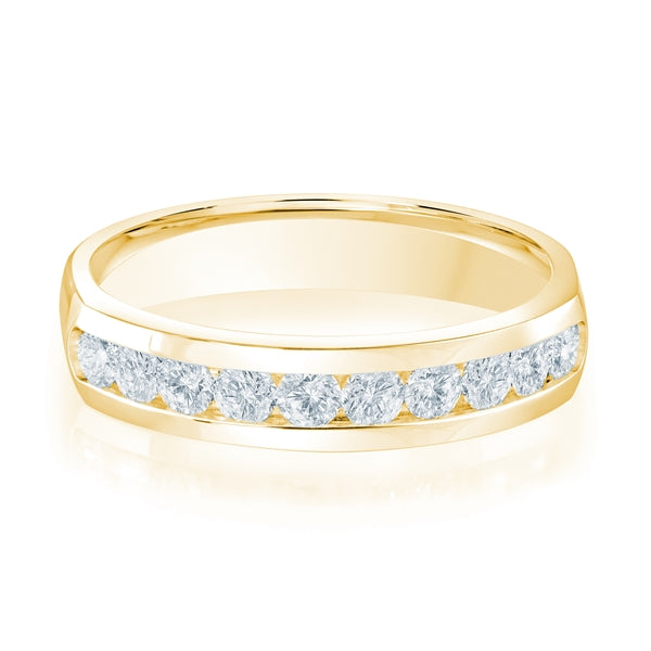 Yellow gold wedding band with diamond accents on a white background.