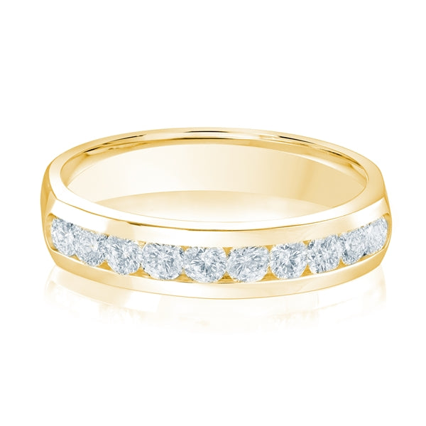 Yellow gold wedding band with diamond accents on a white background.